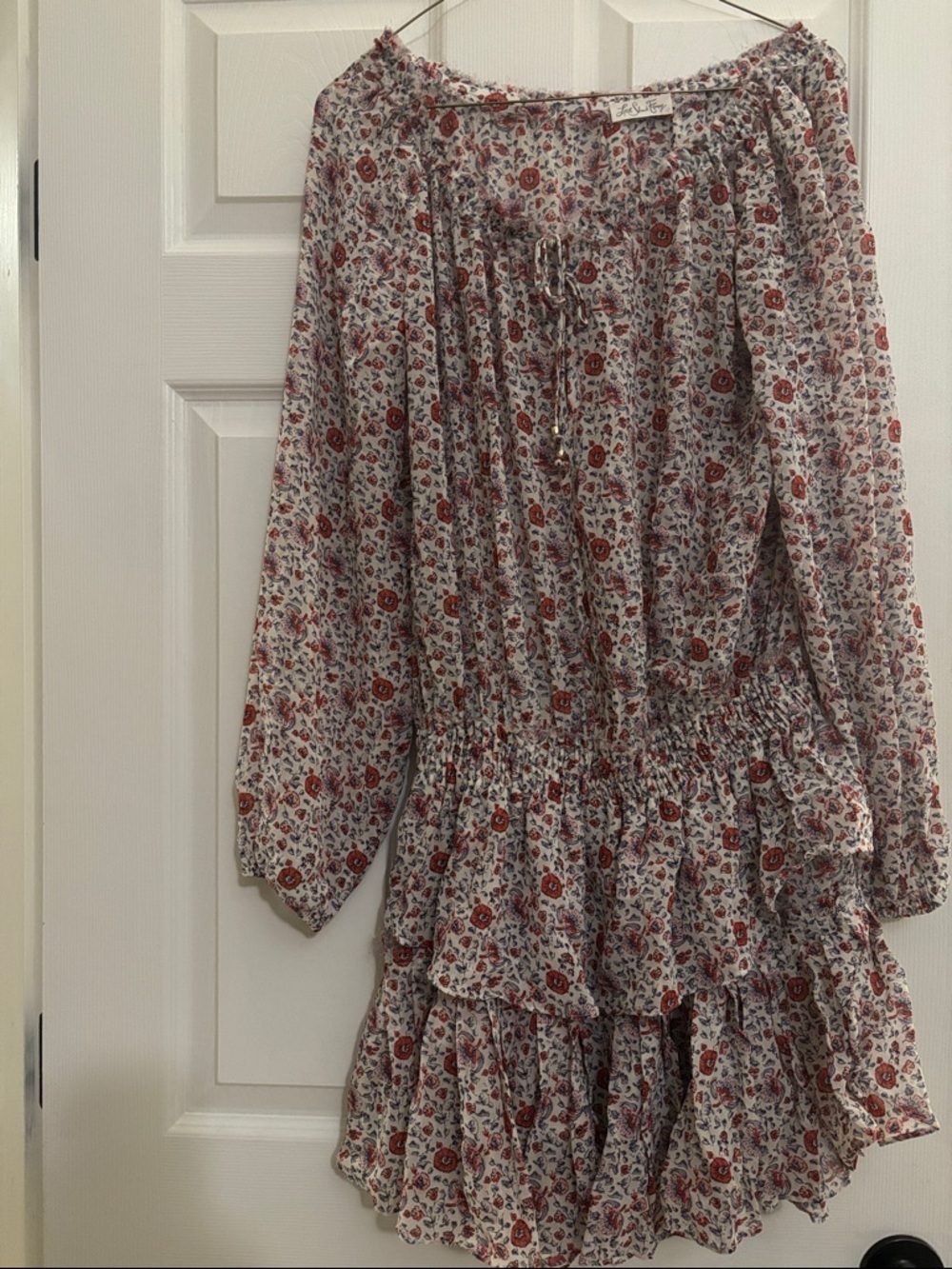 LoveShackFancy Cream Floral Mini Dress with Rust Pink and Blue Accents